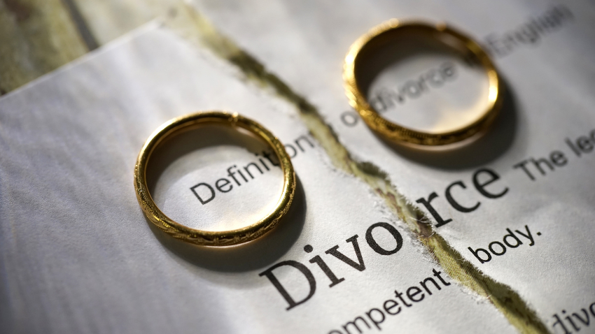 A piece of paper with the word divorce on it. It's ripped in half with a ring on both sides